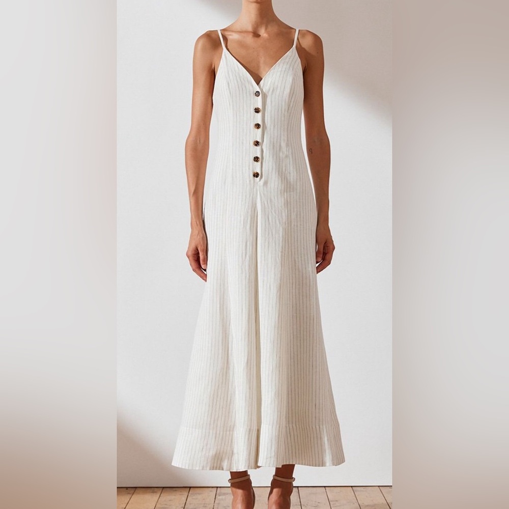 Shona Joy. St Kitts jumpsuit. Size 6 US. Linen. Flax pinstripe.